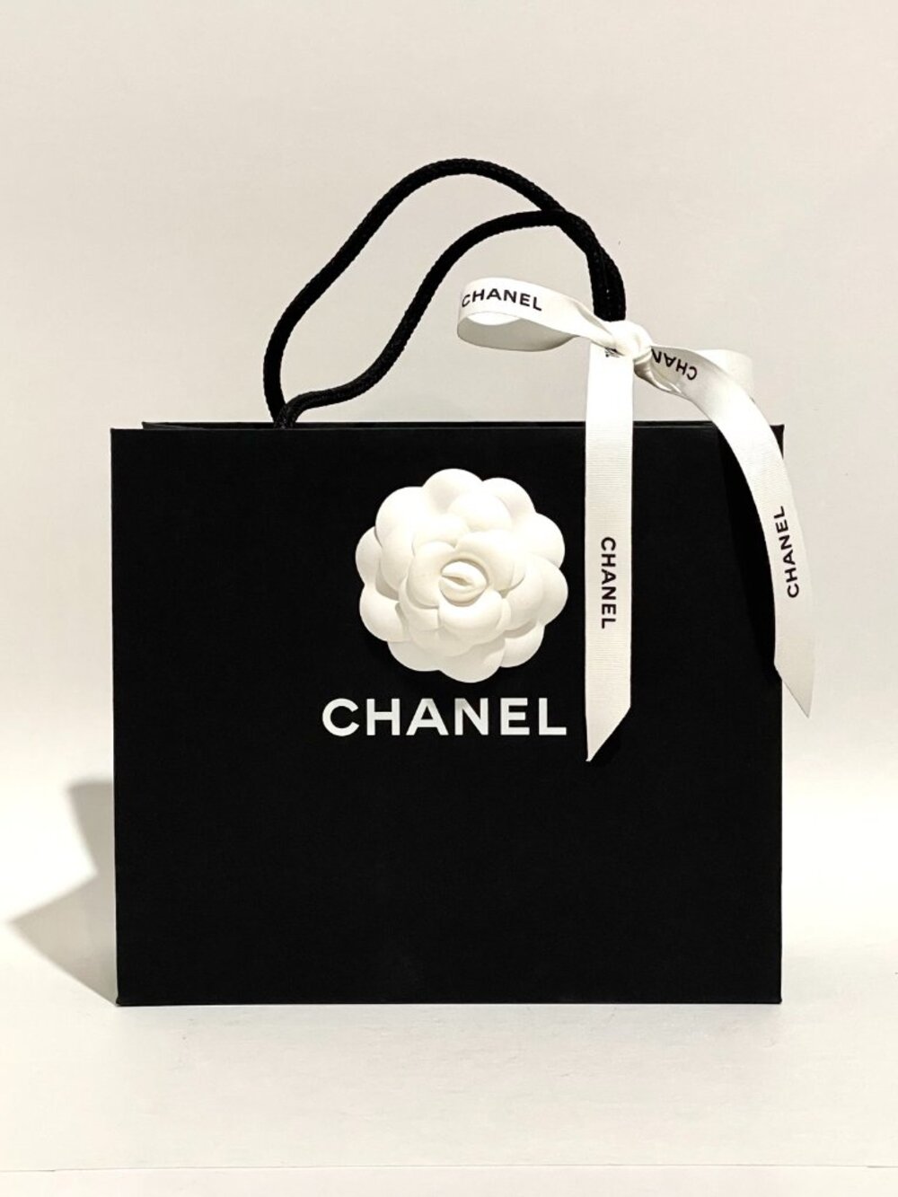 Authentic CHANEL Shopping Empty Paper Bag 8.5" x 7.25" x 3.5" w Camelia & Ribbon